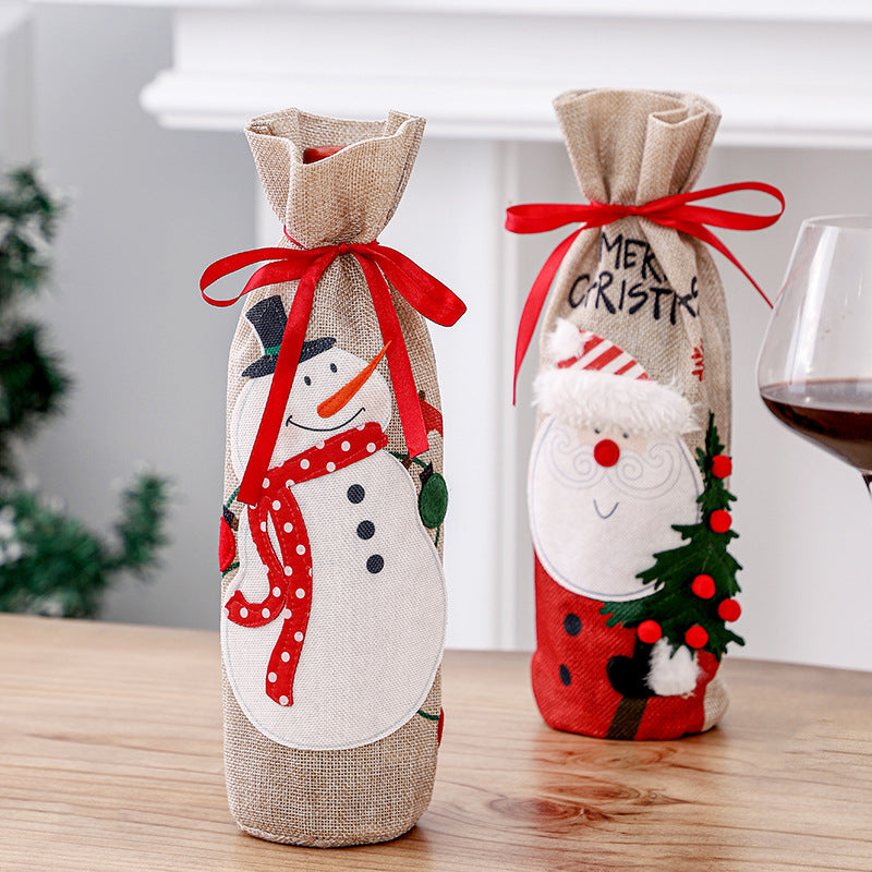 Linen Santa Snowman Wine Bottle Cover