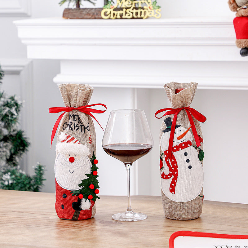 Linen Santa Snowman Wine Bottle Cover